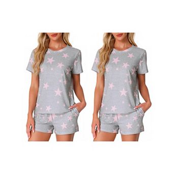 2 Sets Women's Pajama Sets 2 pc Lounge Set Short Sleeve Top and Shorts Soft Cozy Loungewear Sets