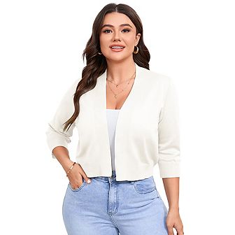 Womens Cropped Cardigan Sweaters 3/4 Sleeve Short Bolero Shrugs Lightweight Knit Shrug Plus Size