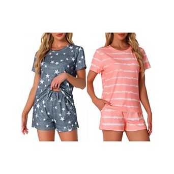 2 Sets Women's Pajama Sets 2 pc Lounge Set Short Sleeve Top and Shorts Soft Cozy Loungewear Sets
