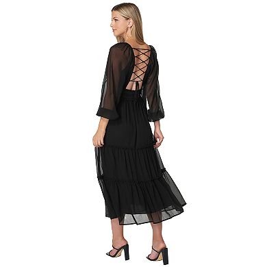 Women's bebe Lace-Up Back Chiffon Midi Dress