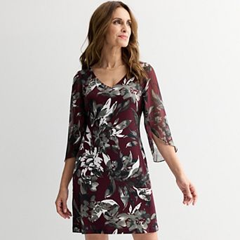 Women's Connected Apparel Printed V-Neck Dress with Sheer Sleeves