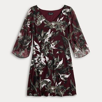 Women's Connected Apparel Printed V-Neck Dress with Sheer Sleeves