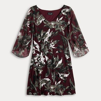 print-mix sheer-sleeve dress in branch floral Women's Connected Apparel Printed V-Neck Dress with Sheer Sleeves, Size: 4, Maroon Print