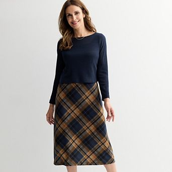 Women's Connected Apparel Textured Solid Knit Top & Plaid Skirt Set