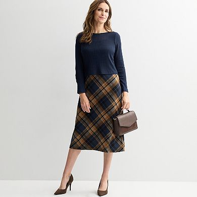 Women's Connected Apparel Textured Solid Knit Top & Plaid Skirt Set