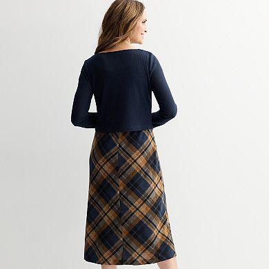 Women's Connected Apparel Textured Solid Knit Top & Plaid Skirt Set