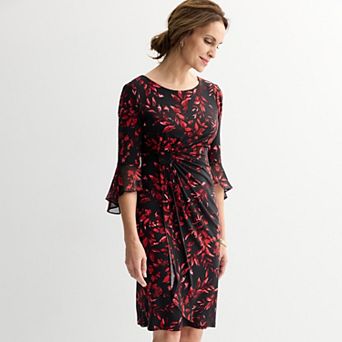 Women's Connected Apparel Printed Side Drape Dress with Sheer Sleeves