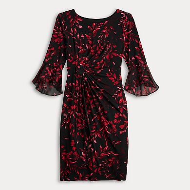 Women's Connected Apparel Printed Side Drape Dress with Sheer Sleeves