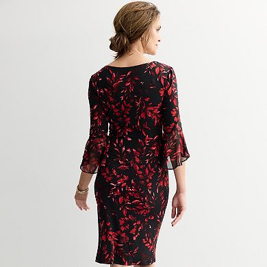 Women's Connected Apparel Printed Side Drape Dress with Sheer Sleeves