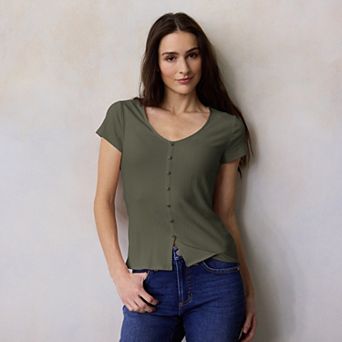 Women's LC Lauren Conrad V-Neck Button Front Cap Sleeve Top