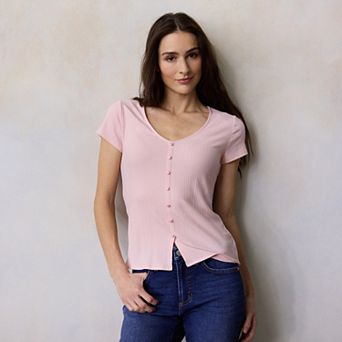 Women's LC Lauren Conrad V-Neck Button Front Cap Sleeve Top