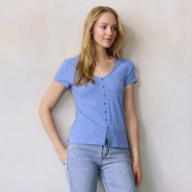 Women's LC Lauren Conrad V-Neck Button Front Cap Sleeve Top
