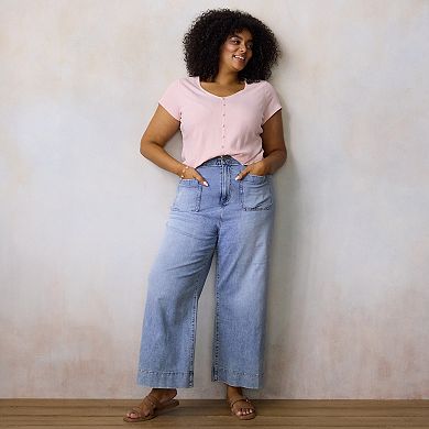 Plus Size LC Lauren Conrad V-Neck Button Front Cap Sleeve Top