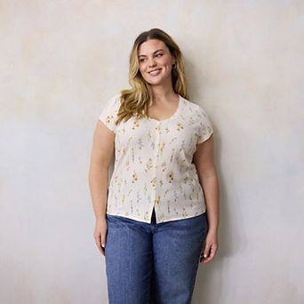 Plus Size LC Lauren Conrad V-Neck Button Front Cap Sleeve Top