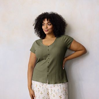 Plus Size LC Lauren Conrad V-Neck Button Front Cap Sleeve Top