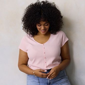 Plus Size LC Lauren Conrad V-Neck Button Front Cap Sleeve Top