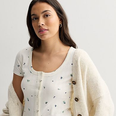 Juniors' SO® Button-Thru Pointelle Short Sleeve Top
