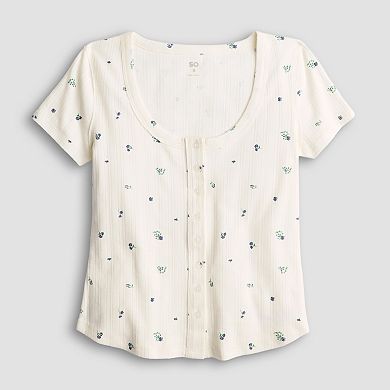 Juniors' SO® Button-Thru Pointelle Short Sleeve Top