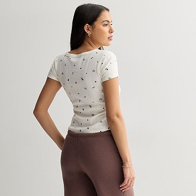 Juniors' SO® Button-Thru Pointelle Short Sleeve Top