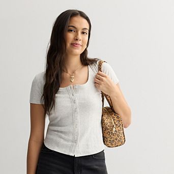 Juniors' SO® Button-Thru Pointelle Short Sleeve Top