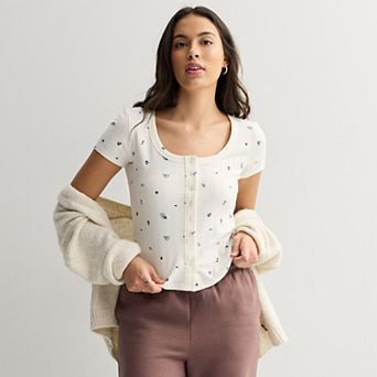 Juniors' SO® Button-Thru Pointelle Short Sleeve Top