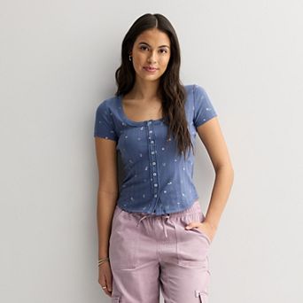 Juniors' SO® Button-Thru Pointelle Short Sleeve Top