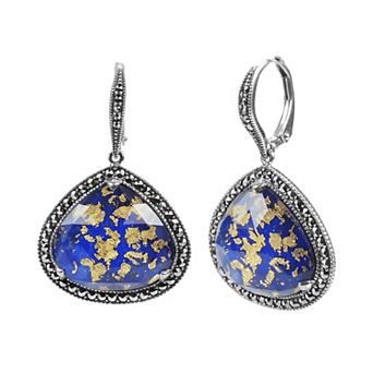 Lavish by TJM Sterling Silver Crystal Gold Leaf Lapis Marcasite Drop Earrings