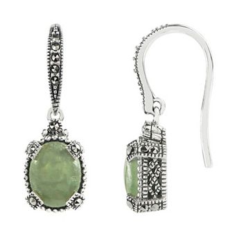 Lavish by TJM Sterling Silver Nephrite Jade & Marcasite Fishhook Earrings