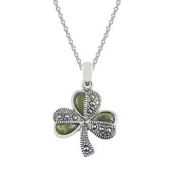 Lavish by TJM Green Marble & Marcasite Clover Pendant Necklace