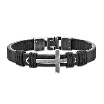 LYNX Men's Antiqued Stainless Steel Sideways Cross Leather Bracelet