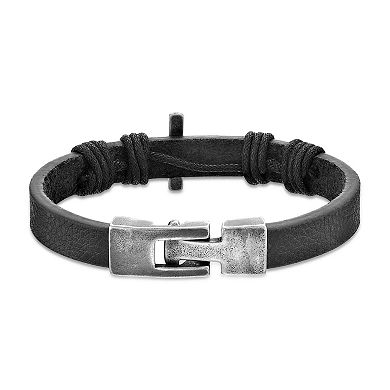 LYNX Men's Antiqued Stainless Steel Sideways Cross Leather Bracelet