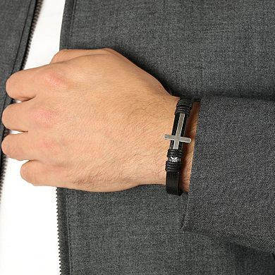 LYNX Men's Antiqued Stainless Steel Sideways Cross Leather Bracelet