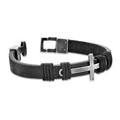 LYNX Men's Antiqued Stainless Steel Sideways Cross Leather Bracelet