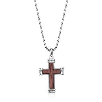 Men's LYNX Stainless Steel Bubinga Wood Cross Pendant Necklace