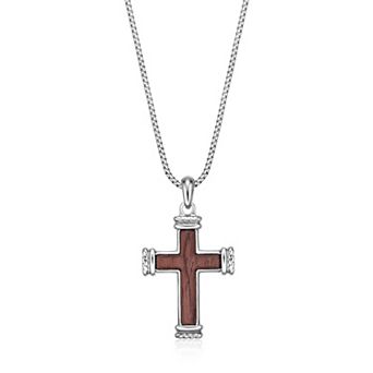 Men's LYNX Stainless Steel Bubinga Wood Cross Pendant Necklace
