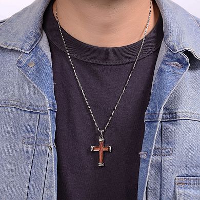Men's LYNX Stainless Steel Bubinga Wood Cross Pendant Necklace