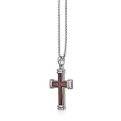 Men's LYNX Stainless Steel Bubinga Wood Cross Pendant Necklace