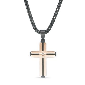 Men's LYNX Two Tone Stainless Steel Diamond Accent Cross Pendant Necklace
