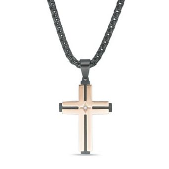 Men's LYNX Two Tone Stainless Steel Diamond Accent Cross Pendant Necklace