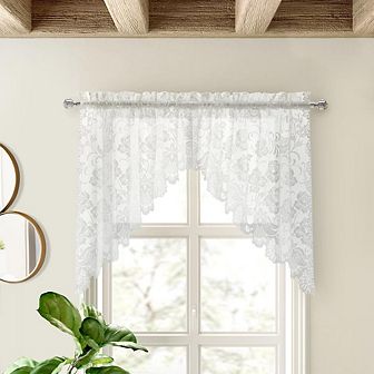 Limoges Sheer Rod Pocket Delicate Scalloped Bottom Hem Floral Lace Design Swag Valance Set