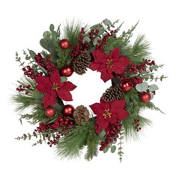 Northlight 28-Inch Unlit Artificial Red Berry & Poinsettia Christmas Wreath