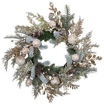 Northlight 24-Inch Glittered Mixed Foliage with Ornaments Artificial Christmas Wreath