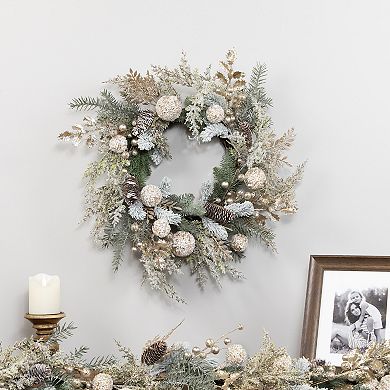 Northlight 24-Inch Glittered Mixed Foliage with Ornaments Artificial Christmas Wreath