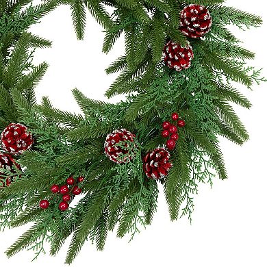 Northlight 24-Inch Real Touch Wind River Fir Artificial Christmas Wreath with Glittered Pinecones