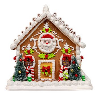 Kurt Adler Battery Operated Gingerbread House With Santa & Ribbon Candy Roof Table Decor