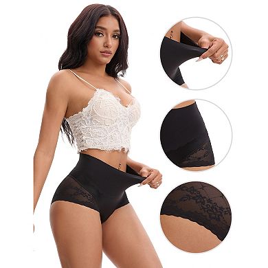 3 Packs Women's Hi-Cut Satin Underpants Briefs High Waisted Lace Trimmed Tummy Control Underwears