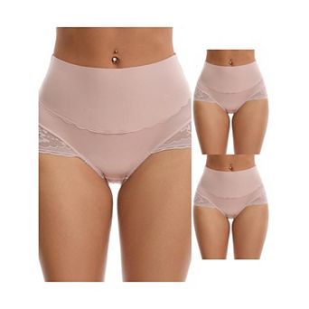 3 Packs Women's Hi-Cut Satin Underpants Briefs High Waisted Lace Trimmed Tummy Control Underwears