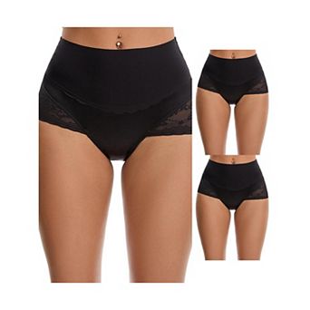 3 Packs Women's Hi-Cut Satin Underpants Briefs High Waisted Lace Trimmed Tummy Control Underwears