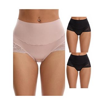 3 Packs Women's Hi-Cut Satin Underpants Briefs High Waisted Lace Trimmed Tummy Control Underwears