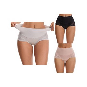 3 Packs Women's Hi-Cut Satin Underpants Briefs High Waisted Lace Trimmed Tummy Control Underwears